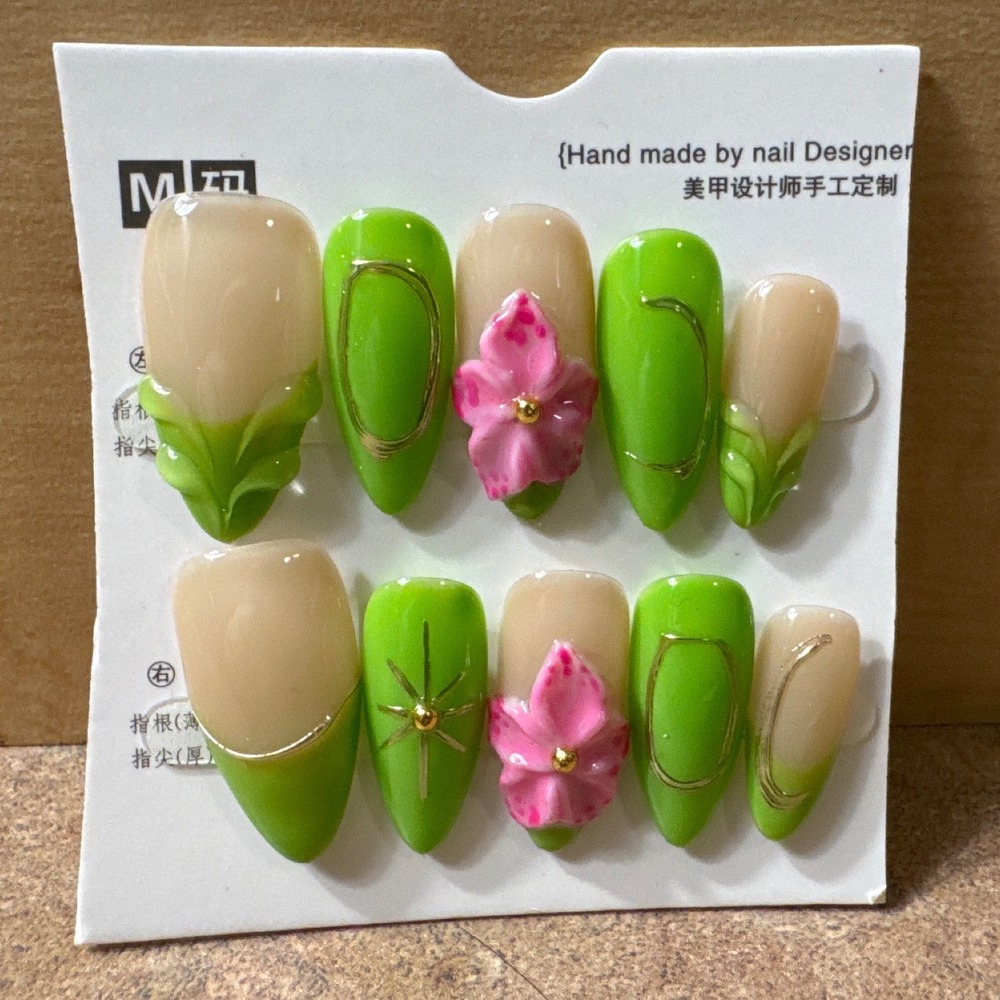 Press On Nails Lime Green Nude 3D Pink Flower‎ Gold Detail Almond Shape